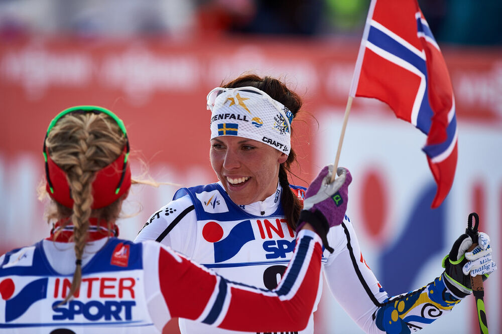 28.02.2015, Falun, Sweden (SWE): Therese Johaug (NOR), Charlotte Kalla (SWE), (l-r) - FIS nordic world ski championships, cross-country, 30km women, Falun (SWE). www.nordicfocus.com. © NordicFocus. Every downloaded picture is fee-liable.