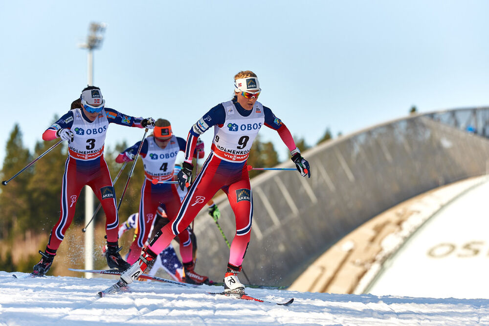 15.03.2015, Oslo, Norway (NOR): Heidi Weng (NOR), Ragnhild Haga (NOR), Martine Ek Hagen (NOR), (l-r) - FIS world cup cross-country, mass women, Oslo (NOR). www.nordicfocus.com. © Felgenhauer/NordicFocus. Every downloaded picture is fee-liable.