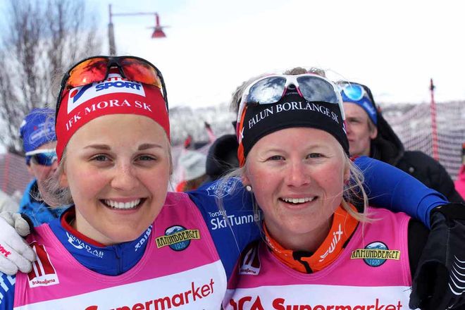 DUBBELT DALARNA i damernas sprint i Ramundberget. Maja Dahlqvist (th) vann finalen före Stina Nilsson. Foto: THORD ERIC NILSSON
