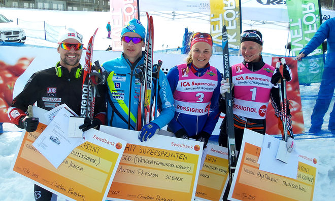 DOM FYRA FINALISTERNA i supersprinten i Ramundberget, fr v: Ludvig Sögnen Jensen (1:a), Anton Persson (2:a), Stina Nilsson (2:a) och Maja Dahlqvist (1:a). Foto: THORD ERIC NILSSON