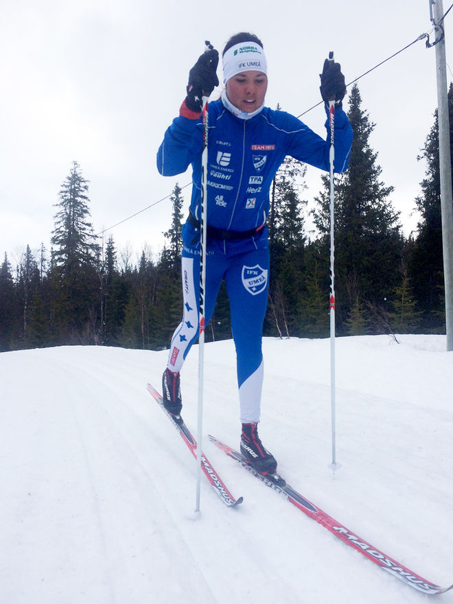 SOFIE ELEBRO, IFK Umeå är född och uppvuxen i Saxnäs. Nu är hon tillbaka och tränar i sina gamla träningsspår från ungdomstiden. Och som ni ser är det fortfarande mycket fint att åka skidor i Saxnäs. Foto: RICHARD HOLMBERG