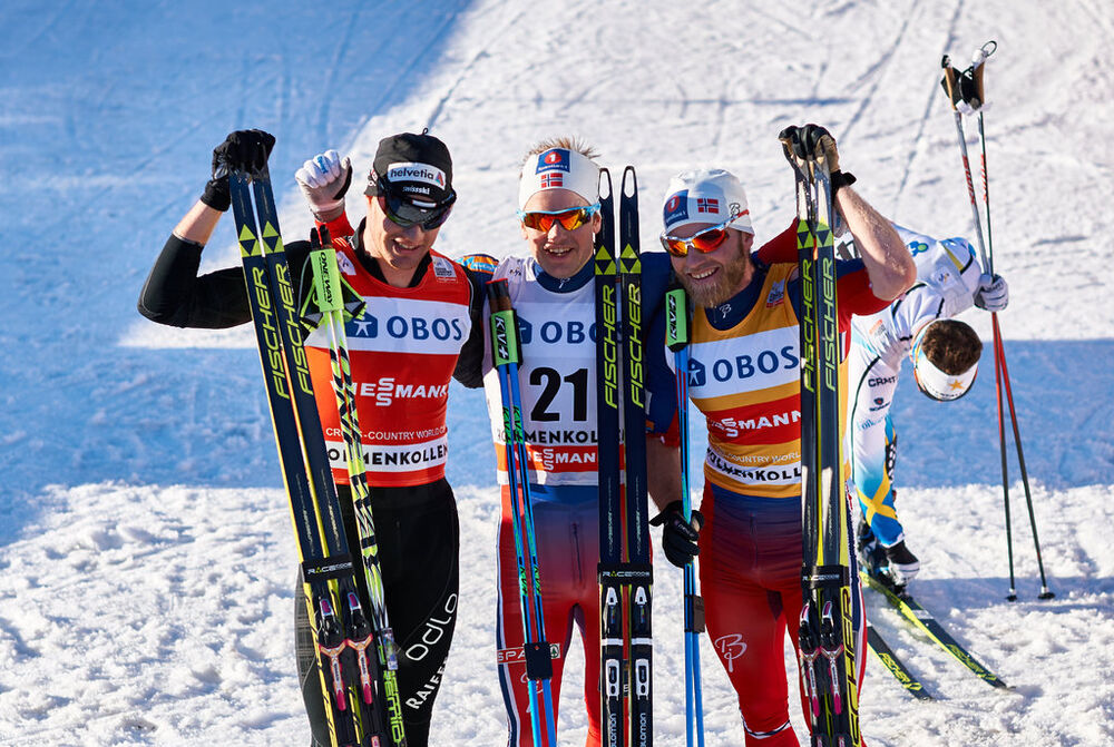 14.03.2015, Oslo, Norway (NOR): Dario Cologna (SUI), Sjur Roethe (NOR), Martin Johnsrud Sundby (NOR), (l-r) - FIS world cup cross-country, mass men, Oslo (NOR). www.nordicfocus.com. © Felgenhauer/NordicFocus. Every downloaded picture is fee-liable.