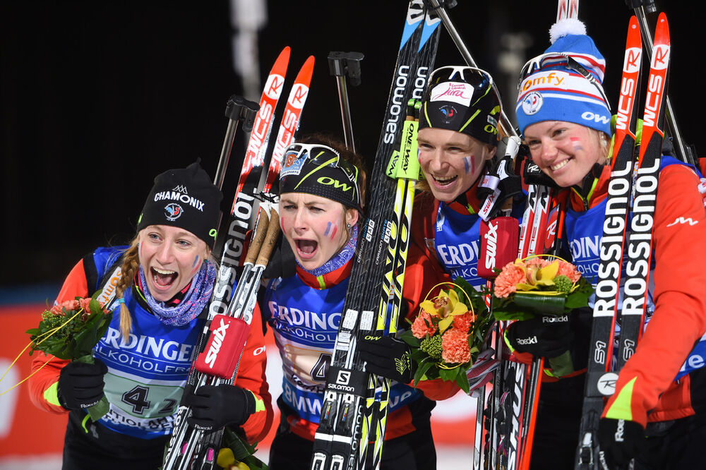 13.03.2015, Kontiolahti, Finland (FIN): Anais BESCOND (FRA), Enora LATUILLIERE (FRA), Justine BRAISAZ (FRA) , Marie DORIN HABERT (FRA), - IBU world championships biathlon, relay women, Kontiolahti (FIN). www.nordicfocus.com. © Evgeny Tumashov/ NordicFocu