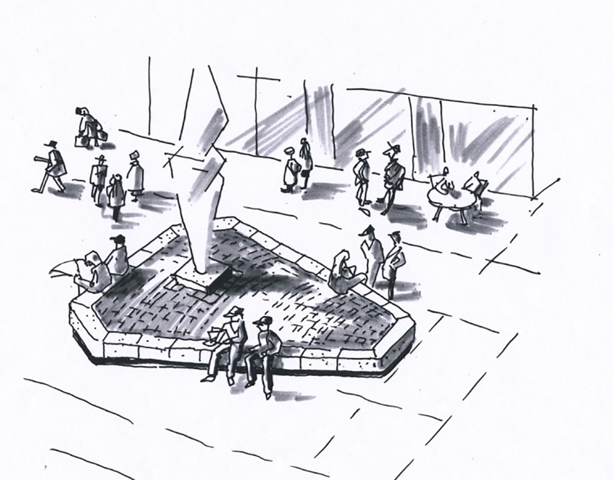 Tegnet skisse av skulpturens plassering i gågata
