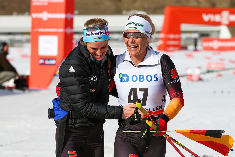 15.03.2015, Oslo, Norway (NOR): (l-r) Nicole Fessel (GER), Rossignol, One Way, Alpina, Rottefella, Adidas and Claudia Nystad (GER), Atomic, Leki, Adidas- FIS world cup cross-country, mass women, Oslo (NOR). www.nordicfocus.com. © Laiho/NordicFocus. Ever