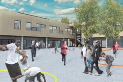 En ballbane er plassert på østsiden av skolen. Fasaden viser at andre etasje er trukket noe ut i forhold til første etasje som gir mulighet for elevene å oppholde seg utendørs selv nær været ikke viser seg fra sin beste side. En ballbane er plassert på østsiden av skolen. Fasaden viser at andre etasje er trukket noe ut i forhold til første etasje som gir mulighet for elevene å oppholde seg utendørs selv nær været ikke viser seg fra sin beste side.