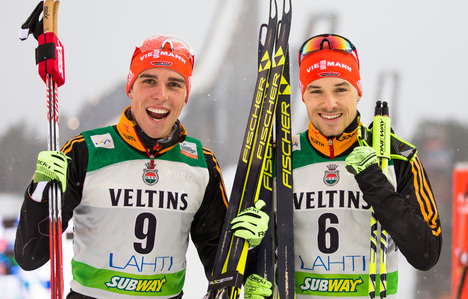 06.03.2015, Lahti, Finland (FIN): (l-r) Johannes Rydzek (GER), Fischer, Swix, Rottefella, Adidas and Fabian Riessle (GER), Fischer, One Way, Rottefella, Adidas- FIS world cup nordic combined, individual gundersen HS130/10km, Lahti (FIN). www.nordicfocus. NordicFocus 06.03.2015, Lahti, Finland (FIN): (l-r) Johannes Rydzek (GER), Fischer, Swix, Rottefella, Adidas and Fabian Riessle (GER), Fischer, One Way, Rottefella, Adidas- FIS world cup nordic combined, individual gundersen HS130/10km, Lahti (FIN). www.nordicfocus.