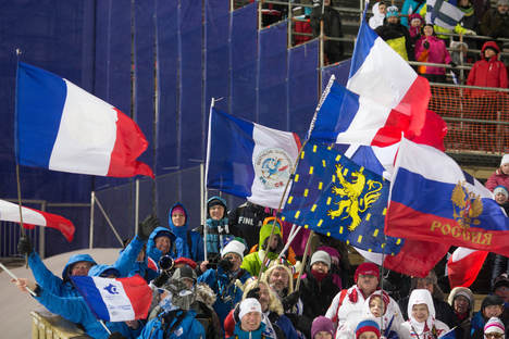 07.03.2015, Kontiolahti, Finland (FIN): Event Feature: French fans celebrate- IBU world championships biathlon, sprint women, Kontiolahti (FIN). www.nordicfocus.com. © NordicFocus. Every downloaded picture is fee-liable.