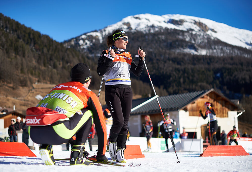 05.01.2015, Val Mustair, Switzerland (SUI): Celia Aymonier (FRA) chosing skis- FIS world cup cross-country, tour de ski, training, Val Mustair (SUI). www.nordicfocus.com. © Felgenhauer/NordicFocus. Every downloaded picture is fee-liable.