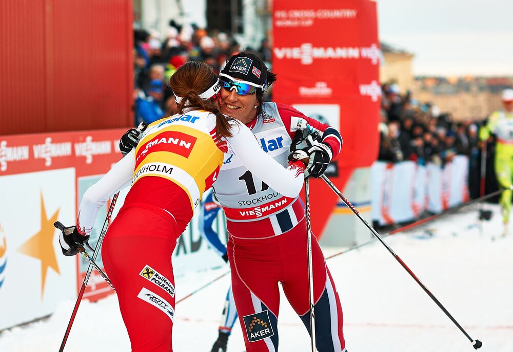 20.03.2013, Stockholm, Sweden (SWE): Justyna Kowalczyk (POL), Marit Bjoergen (NOR), (l-r)- FIS world cup cross-country, individual sprint, Stockholm (SWE). www.nordicfocus.com. Â© Felgenhauer/NordicFocus. Every downloaded picture is fee-liable.