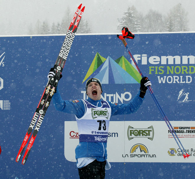 IIVO NISKANEN avgjorde söndagens stafett i finska cupen på mittensträckan för hemmaklubben Vuokatti Ski Team Kainuu. Här jublar han efter guldet på U23-VM 2014. Foto/rights: KJELL-ERIK KRISTIANSEN/sweski.com