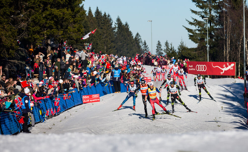 14.03.2015, Oslo, Norway (NOR): (l-r) Evgeniy Belov (RUS), Fischer, Swix, Alpina, Rottefella, Adidas, Dario Cologna (SUI), Fischer, One Way, Rottefella, Odlo, Martin Jonsrud Sundby (NOR), Fischer, KV+, Rottefella, Robin Duvillard (FRA), Rossignol, One Way