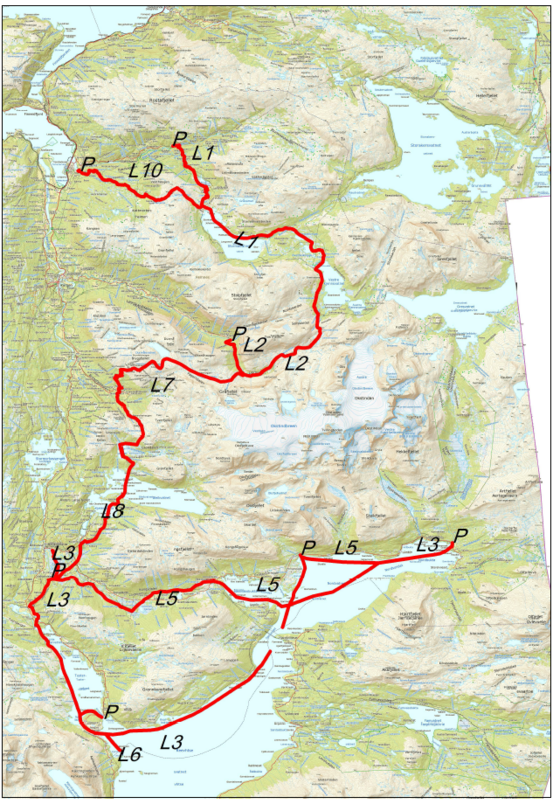 Kart over snøskuterløyper i Hemnes kommune
