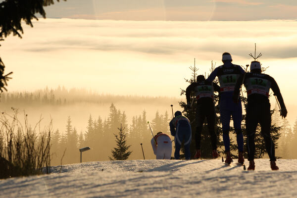 20.11.2011, Sjusjoen, Norway (NOR): group of skiers skiing in a downhill - FIS world cup cross country, 4x10km men, Sjusjoen (NOR). www.nordicfocus.com. Â© Laiho/NordicFocus. Every downloaded picture is fee-liable. NordicFocus