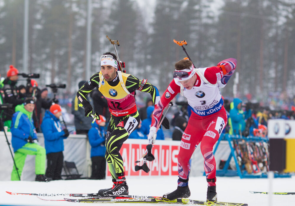 08.03.2015, Kontiolahti, Finland (FIN): Martin Fourcade (FRA), Tarjei Boe (NOR), (l-r), (l-r)- IBU world championships biathlon, pursuit men, Kontiolahti (FIN). www.nordicfocus.com. © NordicFocus. Every downloaded picture is fee-liable.