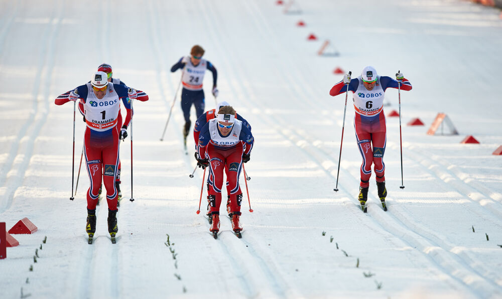 11.03.2015, Drammen, Norway (NOR): Ola Vigen Hattestad (NOR), Eirik Brandsdal (NOR), Petter Northug (NOR), (l-r) - FIS world cup cross-country, individual sprint, Drammen (NOR). www.nordicfocus.com. © Felgenhauer/NordicFocus. Every downloaded picture is