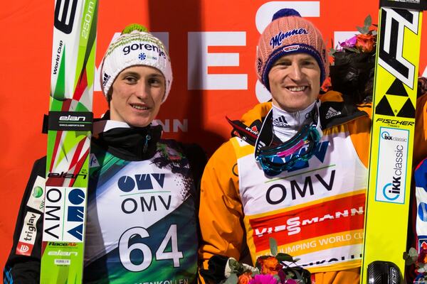 14.03.2015, Oslo, Norway (NOR): (l-r) Peter Prevc (SLO), Severin Freund (GER), Fischer and Rune Velta (NOR), Fischer- FIS world cup ski jumping, individual HS134, Oslo (NOR). www.nordicfocus.com. Â© Laiho/NordicFocus. Every downloaded picture is fee-li NordicFocus