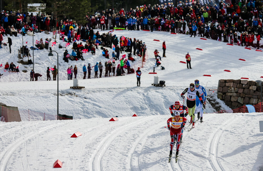 08.03.2014, Oslo, Norway (NOR): Martin Johnsrud Sundby (NOR), Fischer, KV+, Rottefella, Swix followed by Alexander Legkov (RUS), Rossignol, Swix, Rottefella, Adidas and Lukas Bauer (CZE), Fischer, Leki, Alpina, Rottefella, Swix, Toko- FIS world cup cross