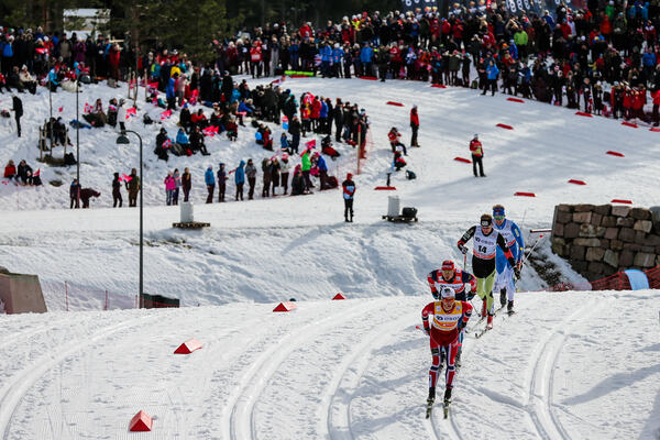 08.03.2014, Oslo, Norway (NOR): Martin Johnsrud Sundby (NOR), Fischer, KV+, Rottefella, Swix followed by Alexander Legkov (RUS), Rossignol, Swix, Rottefella, Adidas and Lukas Bauer (CZE), Fischer, Leki, Alpina, Rottefella, Swix, Toko- FIS world cup cross NordicFocus