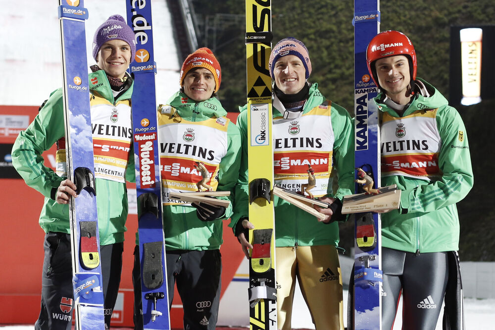 21.11.2015, Klingenthal, Germany (GER):  Andreas Wellinger (GER) , Richard Freitag (GER) , Severin Freund (GER) , Andreas Wank (GER), (l-r)- FIS world cup ski jumping, team HS140, Klingenthal (GER). www.nordicfocus.com. © Domanski/NordicFocus. Every dow