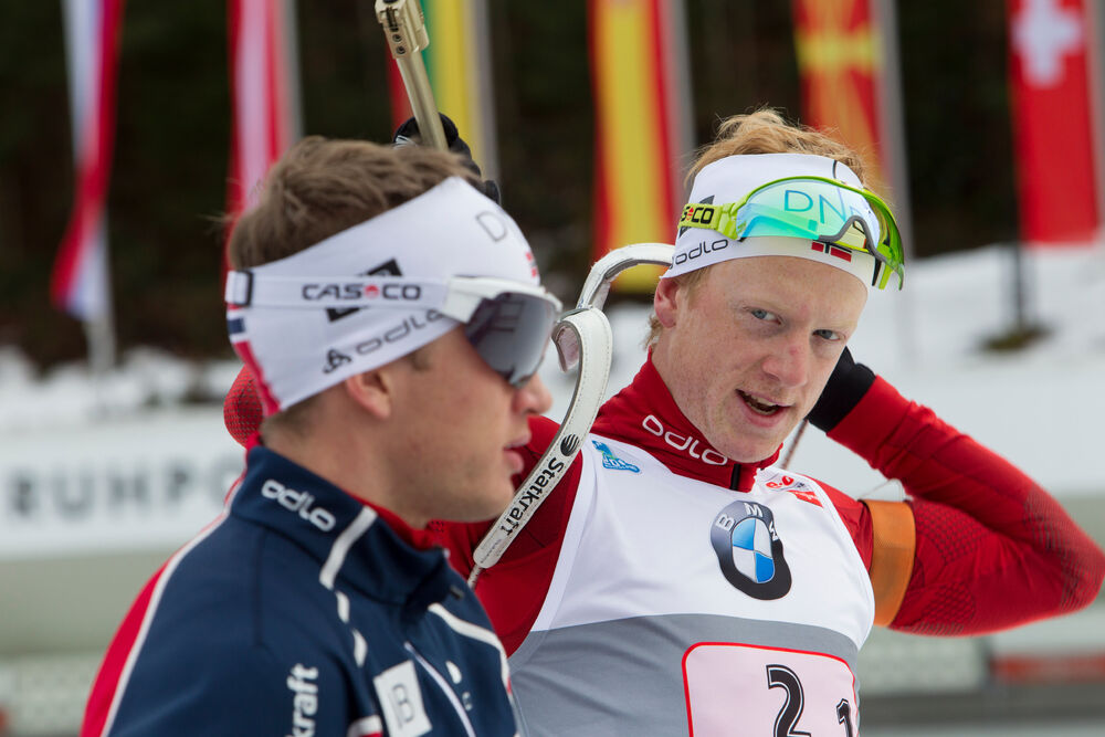 09.01.2014, Ruhpolding, Germany (GER): Tarjei Boe (NOR), Johannes Thingnes Boe (NOR) - IBU world cup biathlon, relay men, Ruhpolding (GER). www.nordicfocus.com. © Manzoni/NordicFocus. Every downloaded picture is fee-liable.