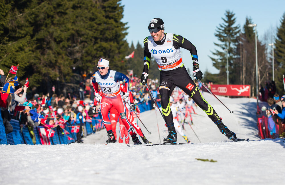 14.03.2015, Oslo, Norway (NOR): (l-r) Simen Andreas Sveen (NOR) and Maurice Manificat (FRA), Salomon, Swix, One Way- FIS world cup cross-country, mass men, Oslo (NOR). www.nordicfocus.com. © Laiho/NordicFocus. Every downloaded picture is fee-liable.