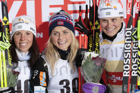 28.11.2015, Ruka, Finland (FIN):Charlotte Kalla (SWE), Therese Johaug (NOR), Ida Ingemarsdotter (SWE), (l-r) - FIS world cup cross-country, 5km women, Ruka (FIN). www.nordicfocus.com. © Modica/NordicFocus. Every downloaded picture is fee-liable. NordicFocus 28.11.2015, Ruka, Finland (FIN):Charlotte Kalla (SWE), Therese Johaug (NOR), Ida Ingemarsdotter (SWE), (l-r) - FIS world cup cross-country, 5km women, Ruka (FIN). www.nordicfocus.com. © Modica/NordicFocus. Every downloaded picture is fee-liable.