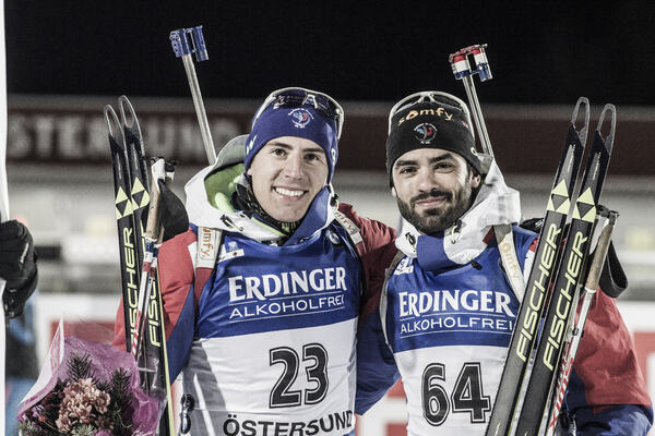02.12.2015, Oestersund, Sweden (SWE):Quentin Fillon Maillet (FRA), Simon Fourcade (FRA) - IBU world cup biathlon, individual men, Oestersund (SWE). www.nordicfocus.com. © Manzoni/NordicFocus. Every downloaded picture is fee-liable. NordicFocus