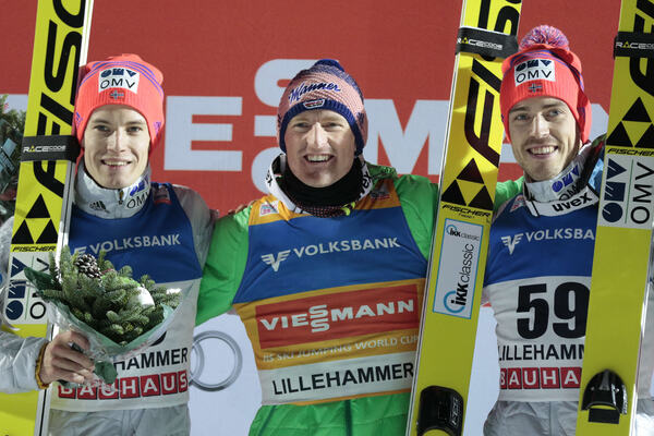 05.12.2015, Lillehammer, Norway (NOR):Kenneth Gangnes (NOR), Severin Freund (GER), Andreas Stjernen (NOR), (l-r) - FIS world cup ski jumping, individual HS138, Lillehammer (NOR). www.nordicfocus.com. © Modica/NordicFocus. Every downloaded picture is fee NordicFocus