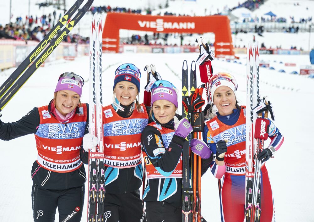 06.12.2015, Lillehammer, Norway (NOR):Maiken Caspersen Falla (NOR), Ingvild Flugstad Oestberg (NOR), Therese Johaug (NOR), Heidi Weng (NOR), (l-r)  - FIS world cup cross-country, 4x5km women, Lillehammer (NOR). www.nordicfocus.com. Â© Felgenhauer/Nordi