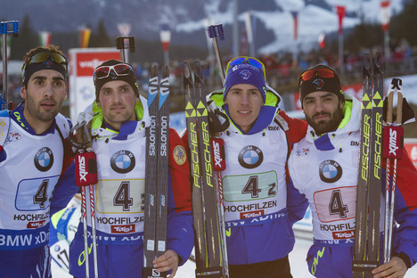 13.12.2015, Hochfilzen, Austria (AUT):Martin Fourcade (FRA), Simon Desthieux (FRA), Quentin Fillon Maillet (FRA), Simon Fourcade (FRA), (l-r) - IBU world cup biathlon, relay men, Hochfilzen (AUT). www.nordicfocus.com. © Manzoni/NordicFocus. Every downl NordicFocus 13.12.2015, Hochfilzen, Austria (AUT):Martin Fourcade (FRA), Simon Desthieux (FRA), Quentin Fillon Maillet (FRA), Simon Fourcade (FRA), (l-r) - IBU world cup biathlon, relay men, Hochfilzen (AUT). www.nordicfocus.com. © Manzoni/NordicFocus. Every downl