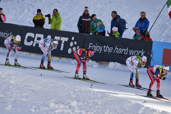 13.12.2015, Davos, Switzerland (SUI):Sophie Caldwell (USA), Stina Nilsson (SWE), Maiken Caspersen Falla (NOR), Hanna Falk (SWE), Ingvild Flugstad Oestberg (NOR), (l-r) - FIS world cup cross-country, individual sprint, Davos (SUI). www.nordicfocus.com. � NordicFocus