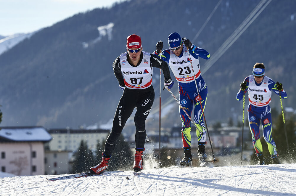 12.12.2015, Davos, Switzerland (SUI):Linard Kindschi (SUI), Jean Marc Gaillard (FRA), Ivan Perrillat Boiteux (FRA), (l-r)  - FIS world cup cross-country, 30km men, Davos (SUI). www.nordicfocus.com. © Felgenhauer/NordicFocus. Every downloaded picture is