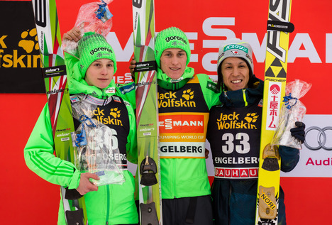 19.12.2015, Engelberg, Switzerland (SUI): (l-r) Domen Prevc (SLO), Peter Prevc (SLO) and Noriaki Kasai (JPN), Fischer - FIS world cup ski jumping, individual HS137, Engelberg (SUI). www.nordicfocus.com. © Laiho/NordicFocus. Every downloaded picture is fe NordicFocus 19.12.2015, Engelberg, Switzerland (SUI): (l-r) Domen Prevc (SLO), Peter Prevc (SLO) and Noriaki Kasai (JPN), Fischer - FIS world cup ski jumping, individual HS137, Engelberg (SUI). www.nordicfocus.com. © Laiho/NordicFocus. Every downloaded picture is fe