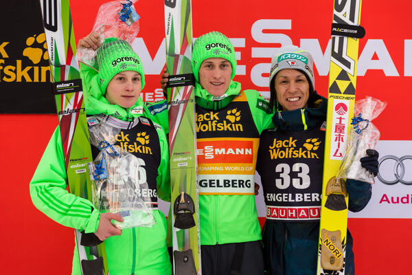 19.12.2015, Engelberg, Switzerland (SUI): (l-r) Domen Prevc (SLO), Peter Prevc (SLO) and Noriaki Kasai (JPN), Fischer - FIS world cup ski jumping, individual HS137, Engelberg (SUI). www.nordicfocus.com. © Laiho/NordicFocus. Every downloaded picture is fe NordicFocus
