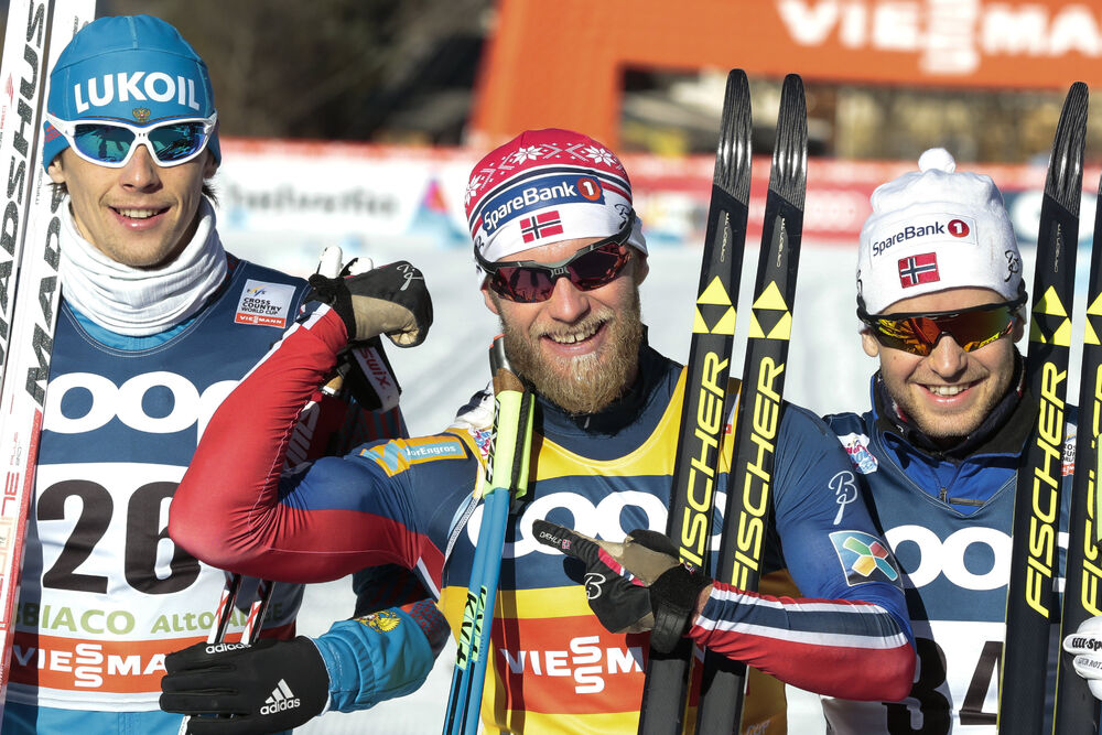 20.12.2015, Toblach, Italy (ITA):Alexander Bessmertnykh (RUS), Martin Johnsrud Sundby (NOR), Sjur Roethe (NOR), (l-r) - FIS world cup cross-country, 15km men, Toblach (ITA). www.nordicfocus.com. © Modica/NordicFocus. Every downloaded picture is fee-liab