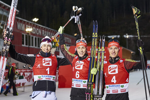 20.12.2015, Ramsau, Austria (AUT):Jarl Magnus Riiber (NOR), Eric Frenzel (GER), Manuel Faisst (GER), (l-r) - FIS world cup nordic combined, individual gundersen HS96/10km, Ramsau (AUT). www.nordicfocus.com. © Felgenhauer/NordicFocus. Every downloaded p NordicFocus