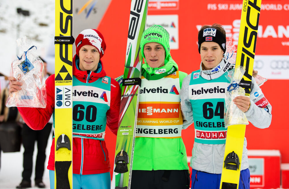 20.12.2015, Engelberg, Switzerland (SUI): (l-r) Michael Hayboeck (AUT), Fischer, Peter Prevc (SLO) and Kenneth Gangnes (NOR), Fischer - FIS world cup ski jumping, individual HS137, Engelberg (SUI). www.nordicfocus.com. © Laiho/NordicFocus. Every download