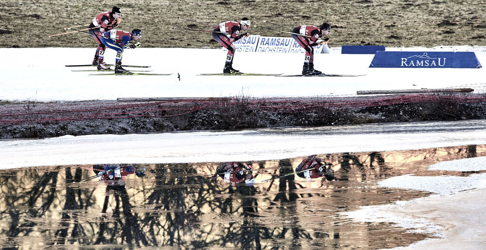 20.12.2015, Ramsau, Austria (AUT):Sepp Schneider (AUT), Francois Braud (FRA), Philipp Orter (AUT), David Pommer (AUT), (l-r)  - FIS world cup nordic combined, individual gundersen HS96/10km, Ramsau (AUT). www.nordicfocus.com. © Felgenhauer/NordicFocus.