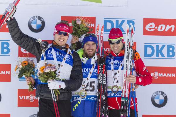 20.12.2015, Pokljuka, Slovenia (SLO):Emil Hegle Svendsen (NOR), Jean Guillaume Beatrix (FRA), Ole Einar Bjoerndalen (NOR), (l-r) - IBU world cup biathlon, mass men, Pokljuka (SLO). www.nordicfocus.com. © Manzoni/NordicFocus. Every downloaded picture is NordicFocus