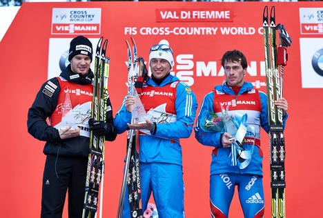 06.01.2013, Val di Fiemme, Italy (ITA): l-r: Dario Cologna (SUI), Alexander Legkov (RUS), Maxim Vylegzhanin (RUS)- FIS world cup cross-country, tour de ski, final climb men, Val di Fiemme (ITA). www.nordicfocus.com. © Felgenhauer/NordicFocus. Every down NordicFocus 06.01.2013, Val di Fiemme, Italy (ITA): l-r: Dario Cologna (SUI), Alexander Legkov (RUS), Maxim Vylegzhanin (RUS)- FIS world cup cross-country, tour de ski, final climb men, Val di Fiemme (ITA). www.nordicfocus.com. © Felgenhauer/NordicFocus. Every down