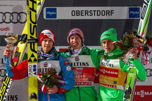 29.12.2015, Oberstdorf, Germany (GER): (l-r) Michael Hayboeck (AUT), Fischer, Severin Freund (GER), Fischer and Peter Prevc (SLO)- FIS world cup ski jumping, four hills tournament, individual HS137, Oberstdorf (GER). www.nordicfocus.com. © Laiho/NordicF NordicFocus