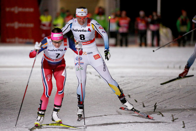 IDA INGEMARSDOTTER åker in som tvåa i sprintfinalen i Tour de Ski i schweiziska Lenzerheide bakom OS-mästarinnan Maiken Caspersen Falla. Foto/rights: MARCELA HAVLOVA/sweski.com