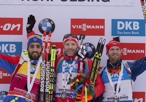 09.01.2016, Ruhpolding, Germany (GER):Martin Fourcade (FRA), Simon Eder (AUT), Michal Slesingr (CZE), (l-r) - IBU world cup biathlon, pursuit men, Ruhpolding replacing Oberhof (GER). www.nordicfocus.com. © Manzoni/NordicFocus. Every downloaded pictur NordicFocus 09.01.2016, Ruhpolding, Germany (GER):Martin Fourcade (FRA), Simon Eder (AUT), Michal Slesingr (CZE), (l-r) - IBU world cup biathlon, pursuit men, Ruhpolding replacing Oberhof (GER). www.nordicfocus.com. © Manzoni/NordicFocus. Every downloaded pictur