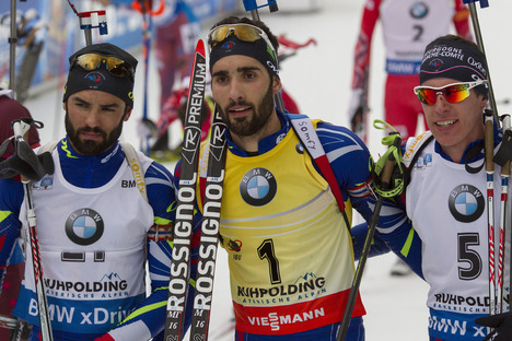 10.01.2016, Ruhpolding, Germany (GER):Simon Fourcade (FRA), Martin Fourcade (FRA), Quentin Fillon Maillet (FRA), (l-r) - IBU world cup biathlon, mass men, Ruhpolding replacing Oberhof (GER). www.nordicfocus.com. © Manzoni/NordicFocus. Every downloaded NordicFocus 10.01.2016, Ruhpolding, Germany (GER):Simon Fourcade (FRA), Martin Fourcade (FRA), Quentin Fillon Maillet (FRA), (l-r) - IBU world cup biathlon, mass men, Ruhpolding replacing Oberhof (GER). www.nordicfocus.com. © Manzoni/NordicFocus. Every downloaded