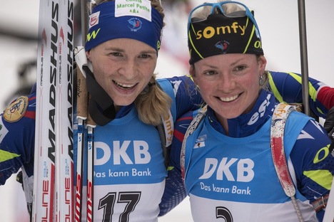 10.01.2016, Ruhpolding, Germany (GER):Anais Bescond (FRA), Marie Dorin (FRA), (l-r) - IBU world cup biathlon, mass women, Ruhpolding replacing Oberhof (GER). www.nordicfocus.com. © Manzoni/NordicFocus. Every downloaded picture is fee-liable. NordicFocus 10.01.2016, Ruhpolding, Germany (GER):Anais Bescond (FRA), Marie Dorin (FRA), (l-r) - IBU world cup biathlon, mass women, Ruhpolding replacing Oberhof (GER). www.nordicfocus.com. © Manzoni/NordicFocus. Every downloaded picture is fee-liable.