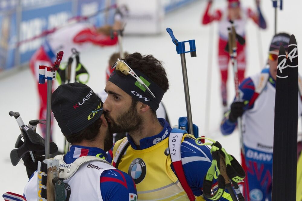 10.01.2016, Ruhpolding, Germany (GER):Simon Fourcade (FRA), Martin Fourcade (FRA), (l-r) -  IBU world cup biathlon, mass men, Ruhpolding replacing Oberhof (GER). www.nordicfocus.com. Â© Manzoni/NordicFocus. Every downloaded picture is fee-liable.