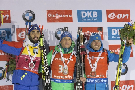 16.01.2016, Ruhpolding, Germany (GER):Martin Fourcade (FRA), Eric Lesser (GER), Evgeniy Garanichev (RUS), (l-r) - IBU world cup biathlon, mass men, Ruhpolding (GER). www.nordicfocus.com. © Manzoni/NordicFocus. Every downloaded picture is fee-liable. NordicFocus 16.01.2016, Ruhpolding, Germany (GER):Martin Fourcade (FRA), Eric Lesser (GER), Evgeniy Garanichev (RUS), (l-r) - IBU world cup biathlon, mass men, Ruhpolding (GER). www.nordicfocus.com. © Manzoni/NordicFocus. Every downloaded picture is fee-liable.
