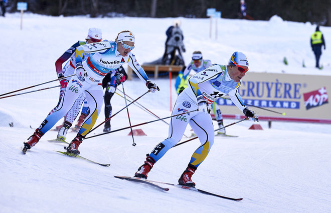 HANNA FALK och Stina Nilsson i lördagens individuella sprint i Planica. Båda åker teamsprint på söndag. Foto: NORDIC FOCUS