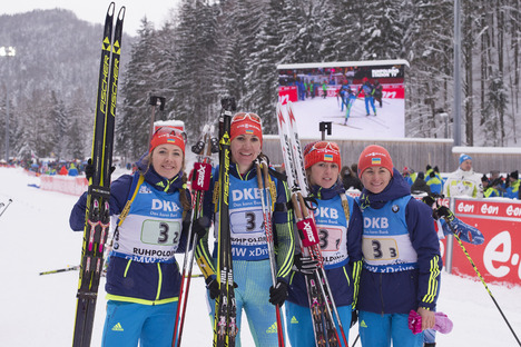 17.01.2016, Ruhpolding, Germany (GER):Juliya Dzhyma (UKR), Olena Pidhrushna (UKR), Iryna Varvynets (UKR), Valj Semerenko (UKR), (l-r) - IBU world cup biathlon, relay women, Ruhpolding (GER). www.nordicfocus.com. © Manzoni/NordicFocus. Every downloaded NordicFocus 17.01.2016, Ruhpolding, Germany (GER):Juliya Dzhyma (UKR), Olena Pidhrushna (UKR), Iryna Varvynets (UKR), Valj Semerenko (UKR), (l-r) - IBU world cup biathlon, relay women, Ruhpolding (GER). www.nordicfocus.com. © Manzoni/NordicFocus. Every downloaded